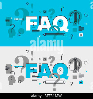 Vector banner illustration set of FAQ featuring frequently asked questions icons, question marks, help symbols, and customer support concepts. Stock Vector