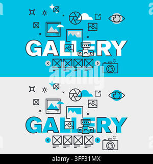Vector banner illustration set of gallery featuring photo portfolio icons, camera symbols, picture exhibition, and image collection concepts. Stock Vector