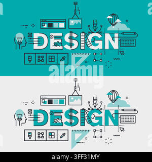 Vector banner illustration set of design featuring creative process icons, graphic tools, color swatches, and branding concepts. Stock Vector