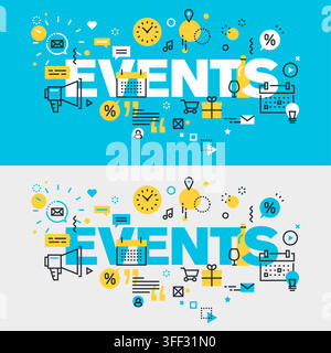 Vector banner illustration set of events featuring calendar symbols, party icons, celebration concepts, and schedule planning elements. Stock Vector
