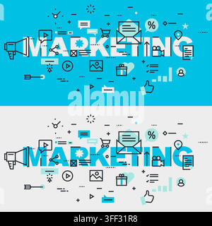Vector banner illustration set of marketing featuring promotion megaphone icons, digital advertising symbols, email campaign, and business growth. Stock Vector