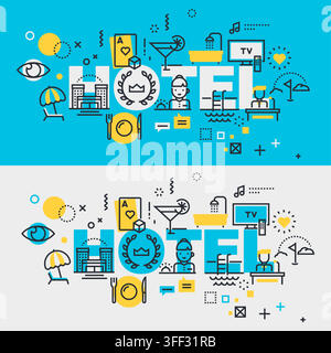 Vector banner illustration set of hotel featuring hospitality service icons, accommodation symbols, resort amenities, and travel concepts. Stock Vector