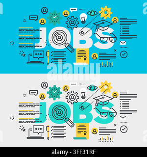 Vector banner illustration set of jobs featuring employment career search icons, recruitment symbols, and hiring concepts. Stock Vector