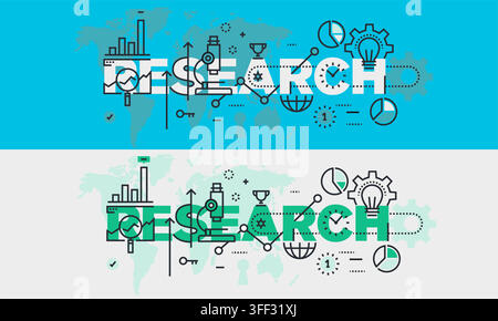 Vector banner illustration set of research featuring scientific analysis icons, microscopes, data charts, and market study concepts. Stock Vector
