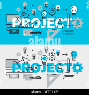 Vector banner illustration set of projects featuring business management icons, planning tools, creative ideas, and workflow symbols. Stock Vector