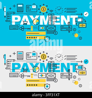 Vector banner illustration set of payment featuring secure transaction symbols, online banking icons, credit cards, and financial concepts. Stock Vector