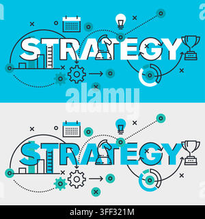 Vector banner illustration set of strategy featuring business planning, chess pieces, success symbols, and corporate management concepts. Stock Vector