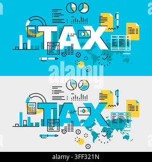 Vector banner illustration set of tax featuring financial accounting documents, calculation charts, calculators, and corporate symbols. Stock Vector