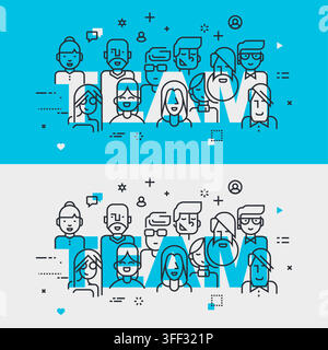 Vector banner illustration set of team featuring diverse people group characters, corporate collaboration symbols, and teamwork concepts. Stock Vector