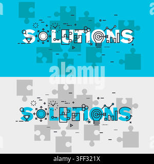 Vector banner illustration set of solutions featuring business strategy puzzle pieces, problem-solving elements, and corporate symbols. Stock Vector
