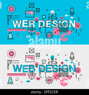 Vector banner illustration set of web designs featuring creative development, internet symbols, and digital technology concepts. Stock Vector