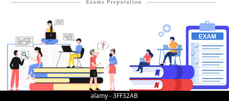 Vector illustration set of exam preparations featuring students studying books, testing, laptops, education, and academic symbols. Stock Vector