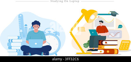Vector illustration set of studying on laptops featuring online education, student learning, books, desk lamps, and academic symbols. Stock Vector