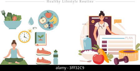 Vector illustration set of healthy lifestyle routines featuring wellness, diets, exercise, medical consultations, and fitness symbols. Stock Vector