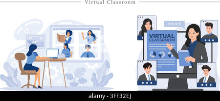 Vector illustration set of virtual classrooms featuring online education, video conferences, teachers, students, and e-learning symbols. Stock Vector