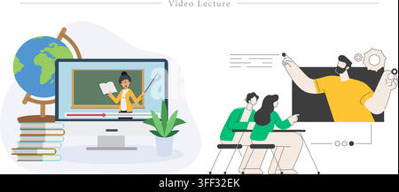Vector illustration set of video lectures featuring online education, teacher screens, students, and e-learning symbols. Stock Vector