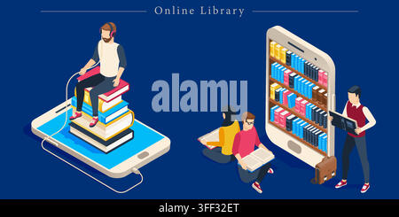 Vector illustration set of online libraries featuring smartphone bookshelves, digital reading, e-books, students, and education symbols. Stock Vector