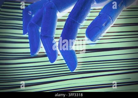 Close-up of a robotic hand searching through papers and files on an office desk, representing technology, artificial intelligence, automation, work, i Stock Photo