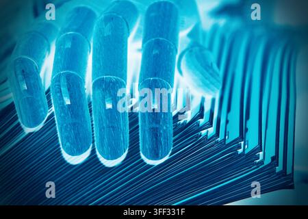 Close-up of a robotic hand choosing a single document from a group of papers on an office desk, representing technology, artificial intelligence, auto Stock Photo