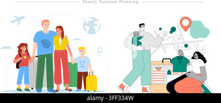 Vector illustration set of family vacation planning featuring traveling parents, children, luggage packing, map navigation, and holiday symbols. Stock Vector