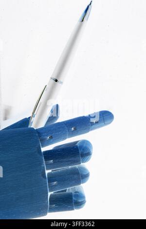 Close-up of a robotic hand holding a pen over a document, symbolizing artificial intelligence, automated writing, technology, decision making, digital Stock Photo