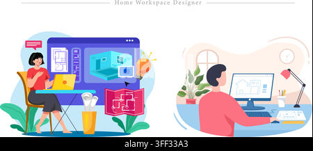 Vector illustration set of home workspace designers featuring interior planning, architectural blueprints, room layouts, and design symbols. Stock Vector