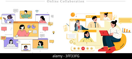 Vector illustration set of online collaboration featuring group video calls, virtual meetings, digital workspaces, and team communication symbols. Stock Vector