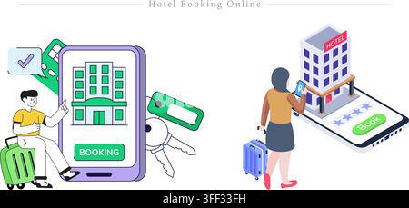 Vector illustration set of online hotel bookings featuring mobile apps, smartphone reservations, luggage, accommodation, and tourism symbols. Stock Vector