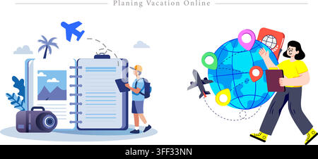 Vector illustration set of online vacation planning featuring a globe, travel itinerary, camera, passport, flight booking, and tourism symbols. Stock Vector
