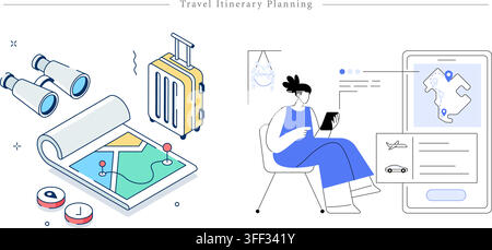 Vector illustration set of travel itinerary planning featuring maps, luggage, binoculars, mobile apps, navigation, and vacation symbols. Stock Vector
