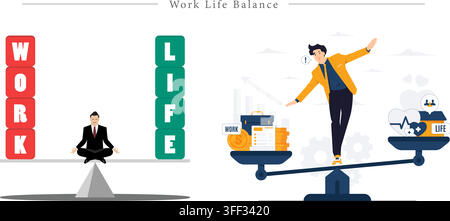 Vector illustration set of work-life balance featuring weighing scales, meditation, employee well-being, career, and personal life symbols. Stock Vector