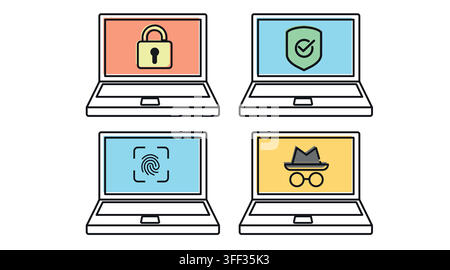 Cyber security and digital privacy laptop computers vector icons set. Black line art with color offset fill style on white background. Stock Vector