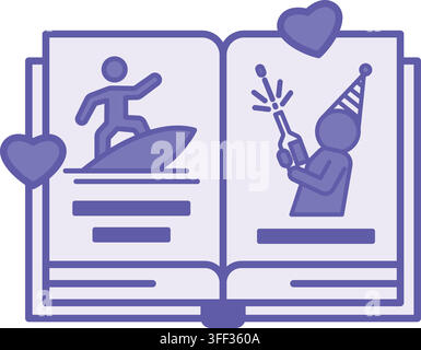 Colored Book Story Icon. Vector Illustration. Open a Book With Stories From Life. A Man Surfing and Celebrating with Champagne. Memory Love Concept Stock Vector