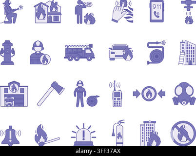 Colored Firefighter Icons. Vector Illustrations: Fire, Alarm, Fireman, Sprinkler, Hose, Fire Truck, 911Call, Radio, Fire Extinguisher, Match, and More Stock Vector