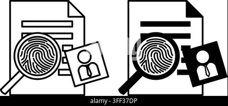 Investigate Icons. Glyph and Line Vector Illustrations. Document, Fingerprint in Magnifying Glass, and Photograph. Collecting and Examining Evidence, Stock Vector