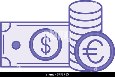 Colored Money Icon. Vector Illustration. Dollar Bill and Euro Coins. Currency, Commodity Equivalent. Payment Concept Stock Vector