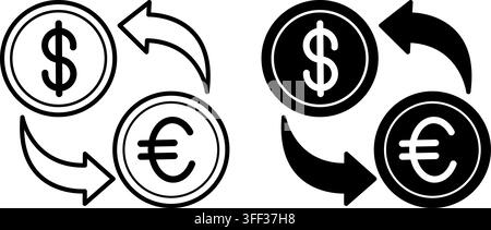 Currency Exchange Icons. Glyph and Line Vector Illustrations. Dollar and Euro Coins. Cash and Non-Cash Money Exchange Transactions. Payment Concept Stock Vector