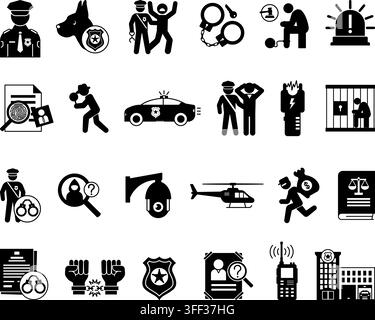 Glyph Police Icon Set. Vector Illustrations: Arrest, Handcuffs, Suspect, Policeman, Police Car, Jail, Taser, Investigate, Detective, Walkie-Talkie Stock Vector