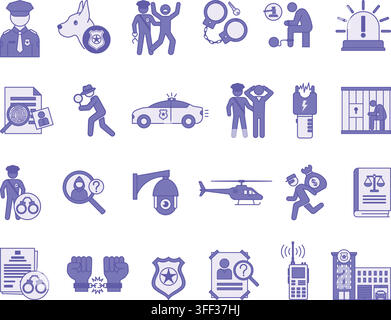 Colored Police Icon Set. Vector Illustrations: Arrest, Handcuffs, Suspect, Policeman, Police Car, Prison, Taser, Investigate, Detective, Walkie-Talkie Stock Vector