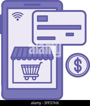 Colored E Commerce Icon. Vector Illustration. Mobile Phone, Online Store, Shopping Cart, Dollar Coin, and Bank Card. Online Financial and Trading Tran Stock Vector