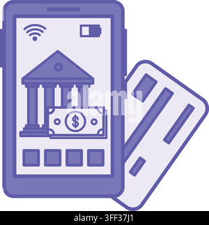 Colored Mobile Banking Icon. Vector Illustration. Mobile Phone, Bank Card, Bank, and Money. Banking App for Account Management and Financial Transacti Stock Vector