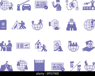 Colored Migration Icon Set. Vector Icons Emigration, Customs Officer, Border, Airport, Air Ticket, Passport, Refugee, Citizenship, Visa, Asylum Stock Vector