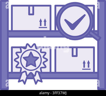 Colored Quality Control Icon. Vector Icon. Product on Shelves, Magnifier, and Quality Mark. Systematic testing of Products for Compliance with Standar Stock Vector