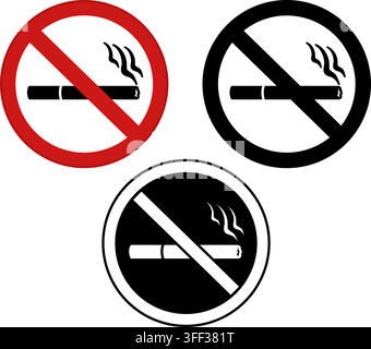 No Smoking Signs. Prohibitory Stickers, Banners. Cigarette and Cigarette Smoke. Red, Black, and White Vector Icons Stock Vector
