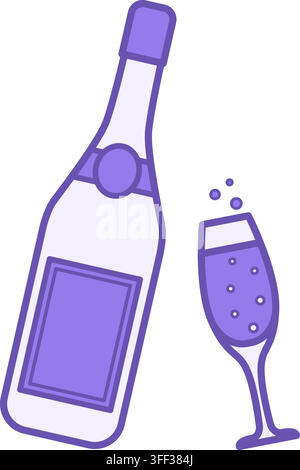 Colored Champagne Icon. Vector Icon. Champagne Bottle and Glass with Drink and Bubbles. Christmas and Holiday Concept Stock Vector