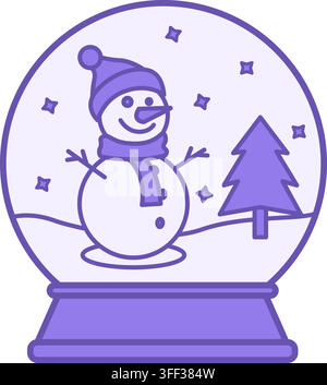 Colored Snow Globe Icon. Vector Icon. Happy Snowman in Hat and Scarf, Christmas Tree and Snow. Christmas and Holiday Concept Stock Vector