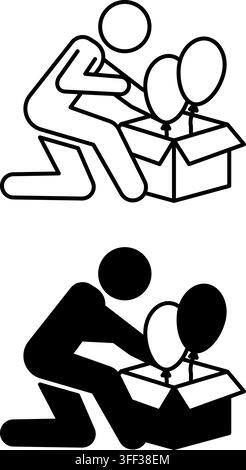 Unboxing Icons. Black and White Vector Icons. Man Opening Gift Box with Balloons. Holiday and Shopping Concept Stock Vector