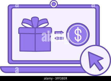 Colored Icon Buy Gift Online. Vector Icon. Laptop, Gift, and Dollar Coin. Holiday and Party Concept Stock Vector