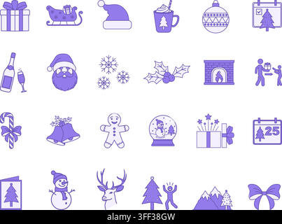 Colored Christmas Icon Set. Vector Icons Gift, Snow, Surprise, Santa, Champagne, Gingerbread Man, Hot Chocolate, Bells, Snowman, Deer, Sleigh Stock Vector