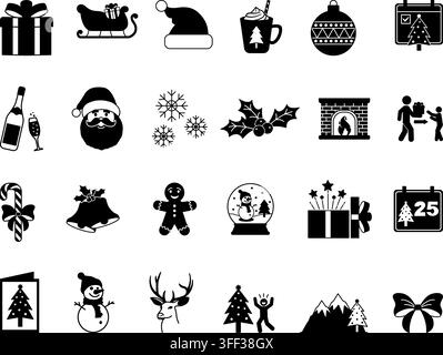 Black Christmas Icon Set. Vector Icons Gift, Snow, Surprise, Santa, Champagne, Gingerbread Man, Hot Chocolate, Bells, Snowman, Deer, Sleigh, and More Stock Vector